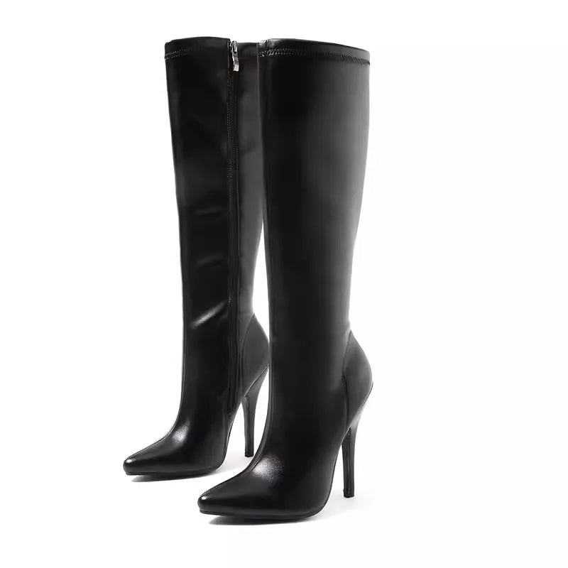 Black Pointed Toe Slim Knee Boots