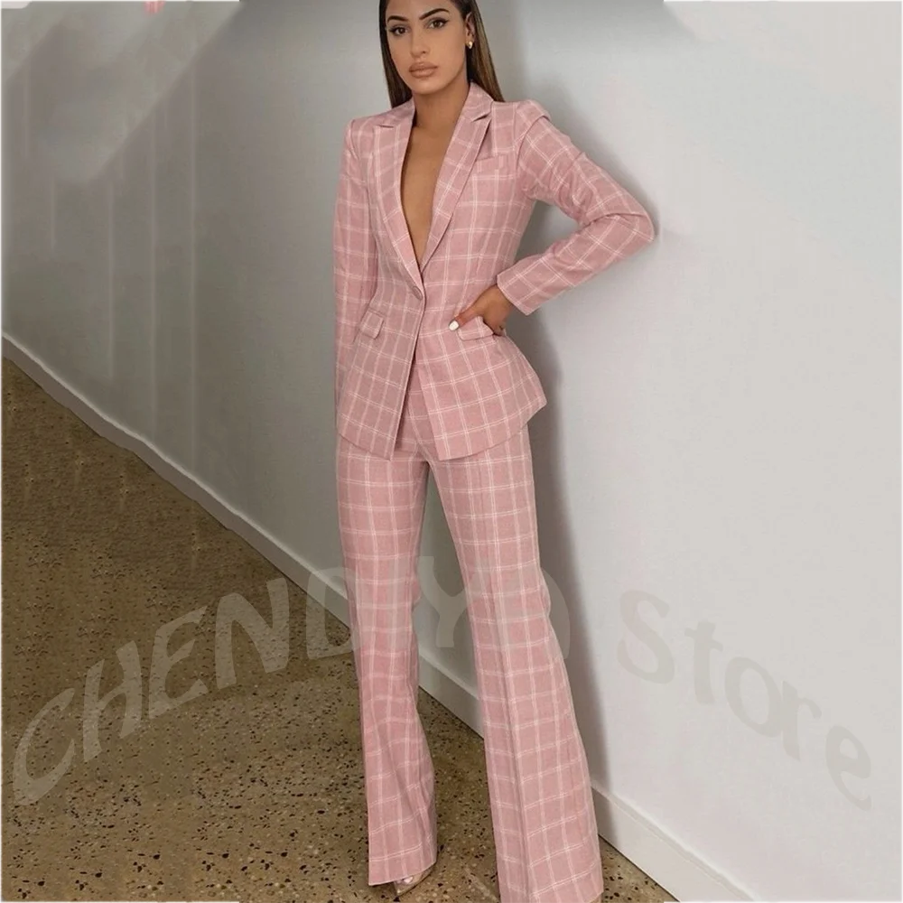 Luxury Fashion Women's Suits Set 2 Piece Pink Plaid Slim Fit Lapel Collar Modern Cut Formal Events Outfit High End Jacket Pants