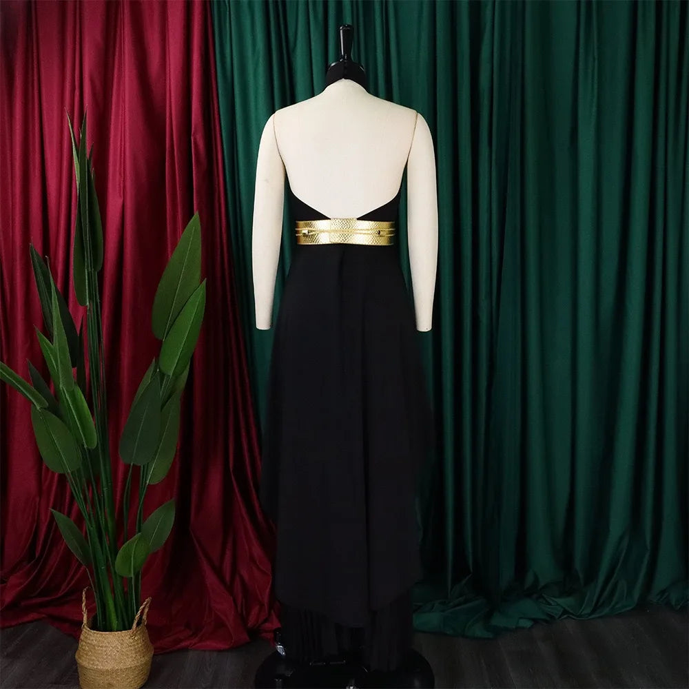 2 Pieces Pants Sets Womens Outfits Blouse Extra Long Sleeveless Backless Belt Waisted & Wide Leg Pants Pleated Floor Length Sets