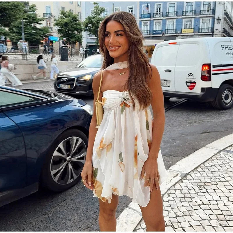 Sexy Ruffle Printed Backless Mini Dresses Lady Chic Sleeveless Off Shouder Pleated Short Vestido 2025 Summer Party Beach Robe