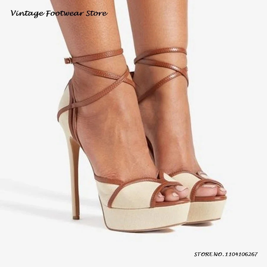Patchwork Platform Ankle Strap High Heel Sandals for Women