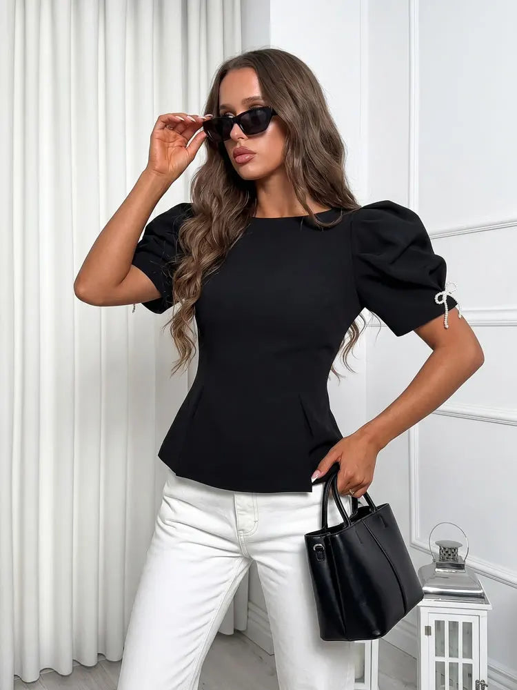 Pearl Bow Puff Sleeve Black Backless Top for Women