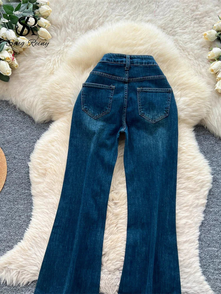 High-Waisted Rhinestone Embellished Flare Jeans for Women