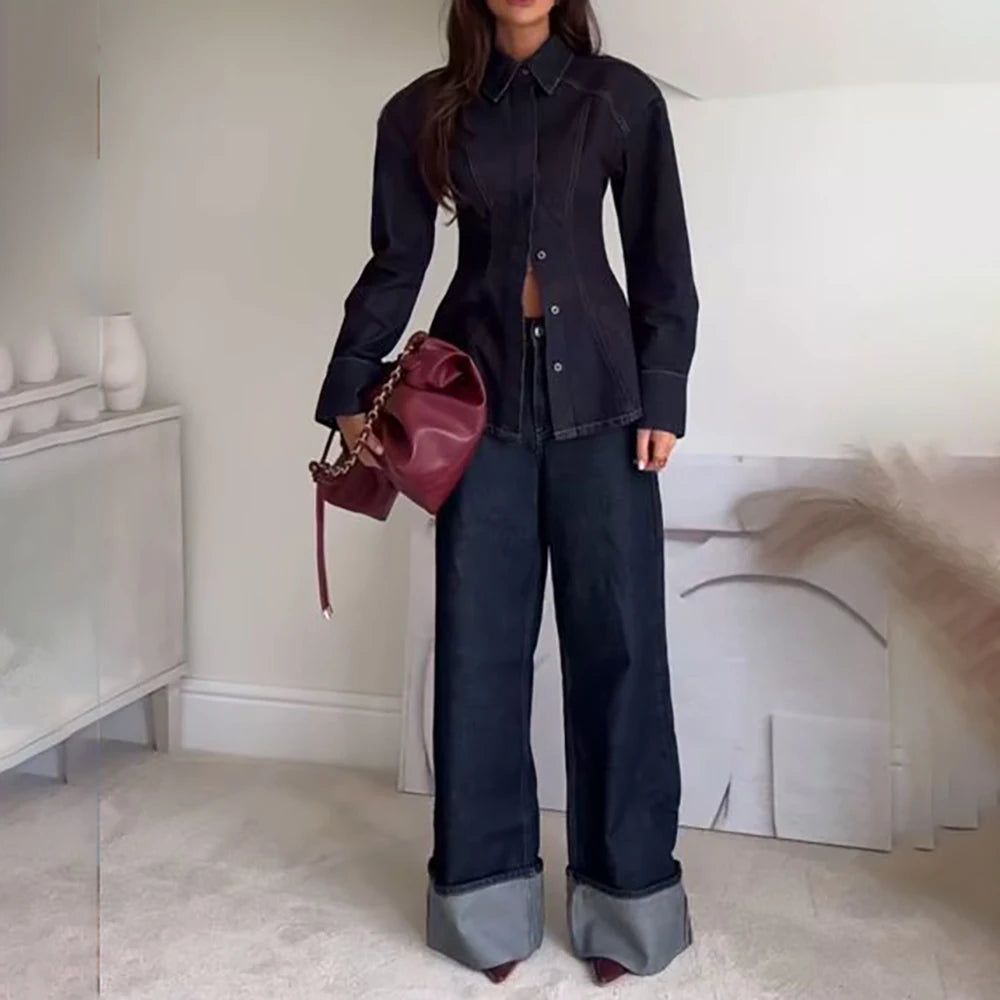 Modern Office Casual Denim Two Piece Pants Set for Women