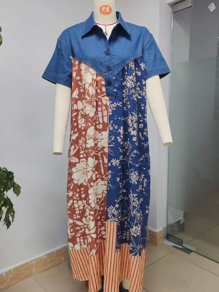 Leopard Print Denim Panel Maxi Dress