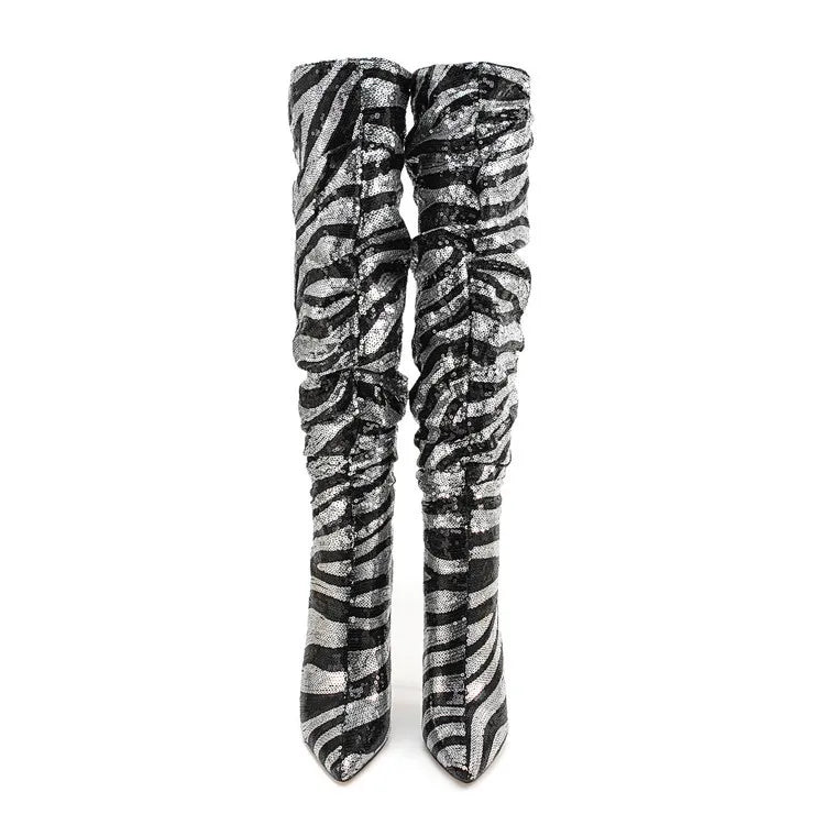 Sequined Pointed Toe Knee High Heeled Boots for Women