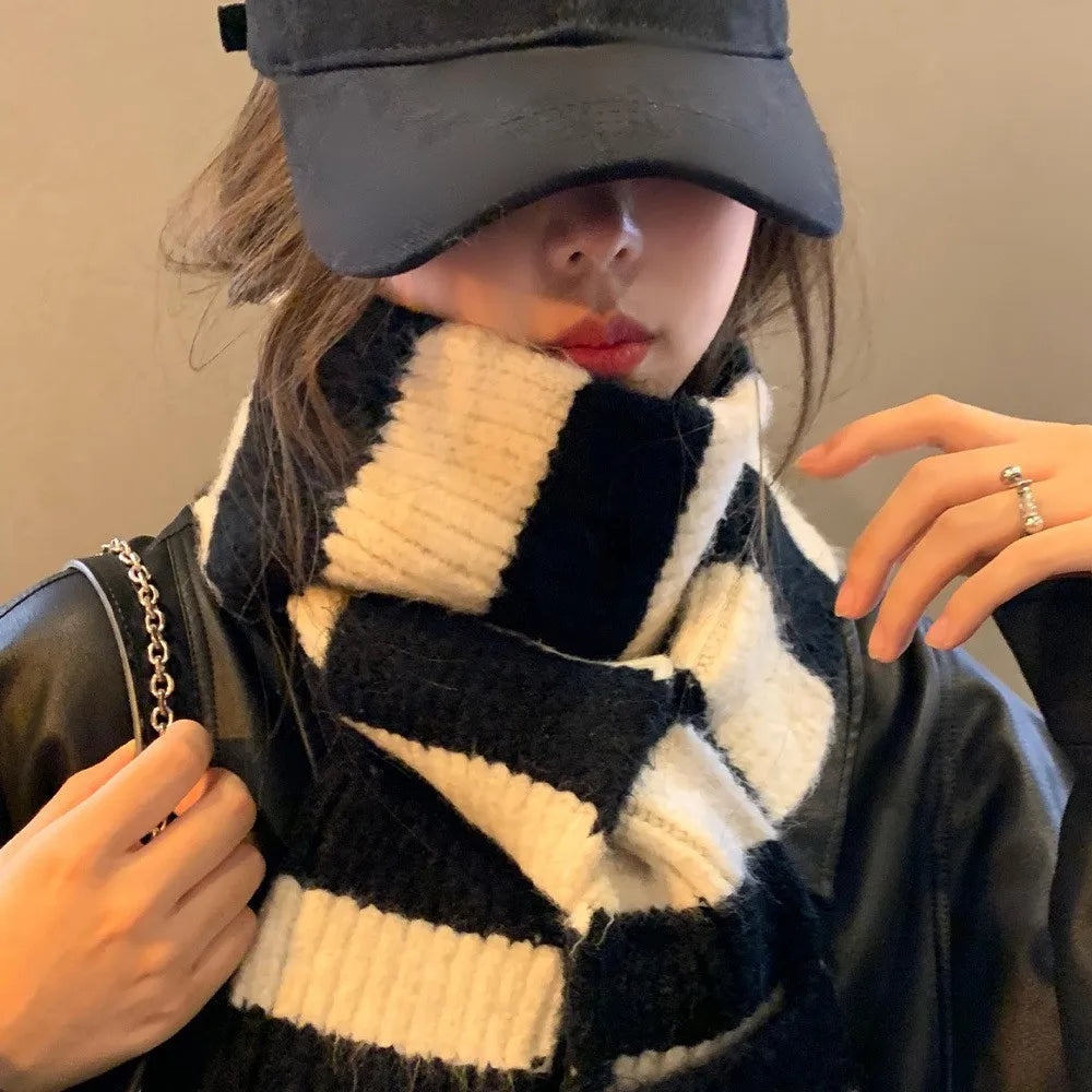 Striped Knit Scarf Wrap With Pockets