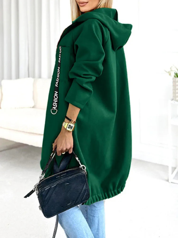 Autumn Winter Pockets Spliced Zipper Coat New Thick Warm Solid Color Women's Jacket Hooded Sports Long Sleeved Lady Outerwear