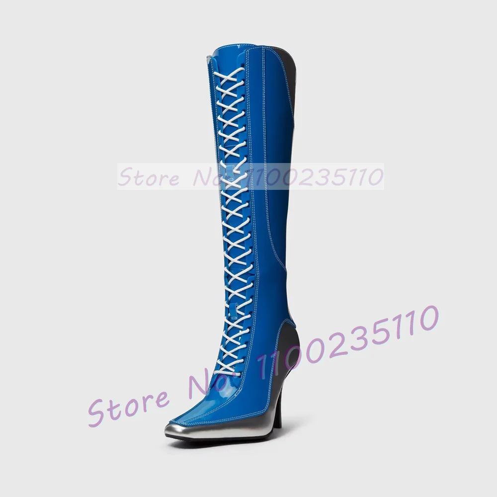 Blue Patent Leather Pointy Toe Knee High Boots for Women