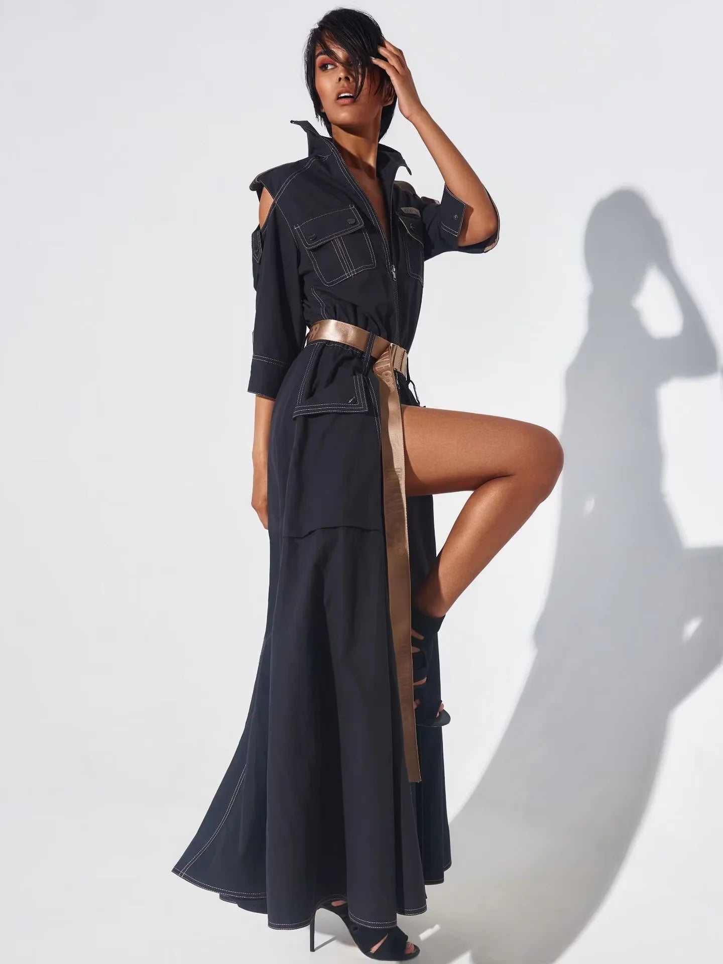 Summer Dress for Women 2025 Retro Turn-down Collar Cold Shoulder Half Sleeve Zipper Belt Pockets Split High Waist Maxi Dresses