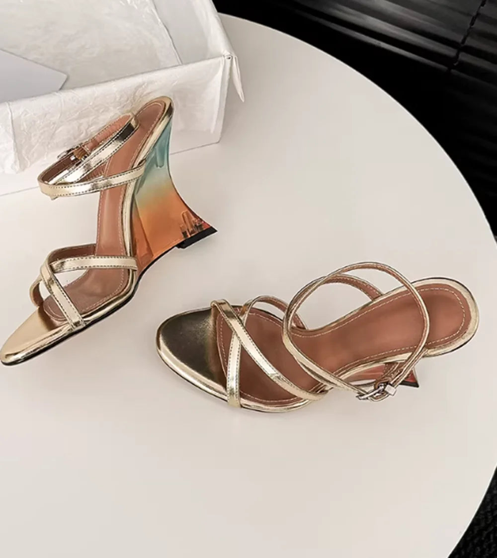 Metallic Gold Strappy Wedge Sandals