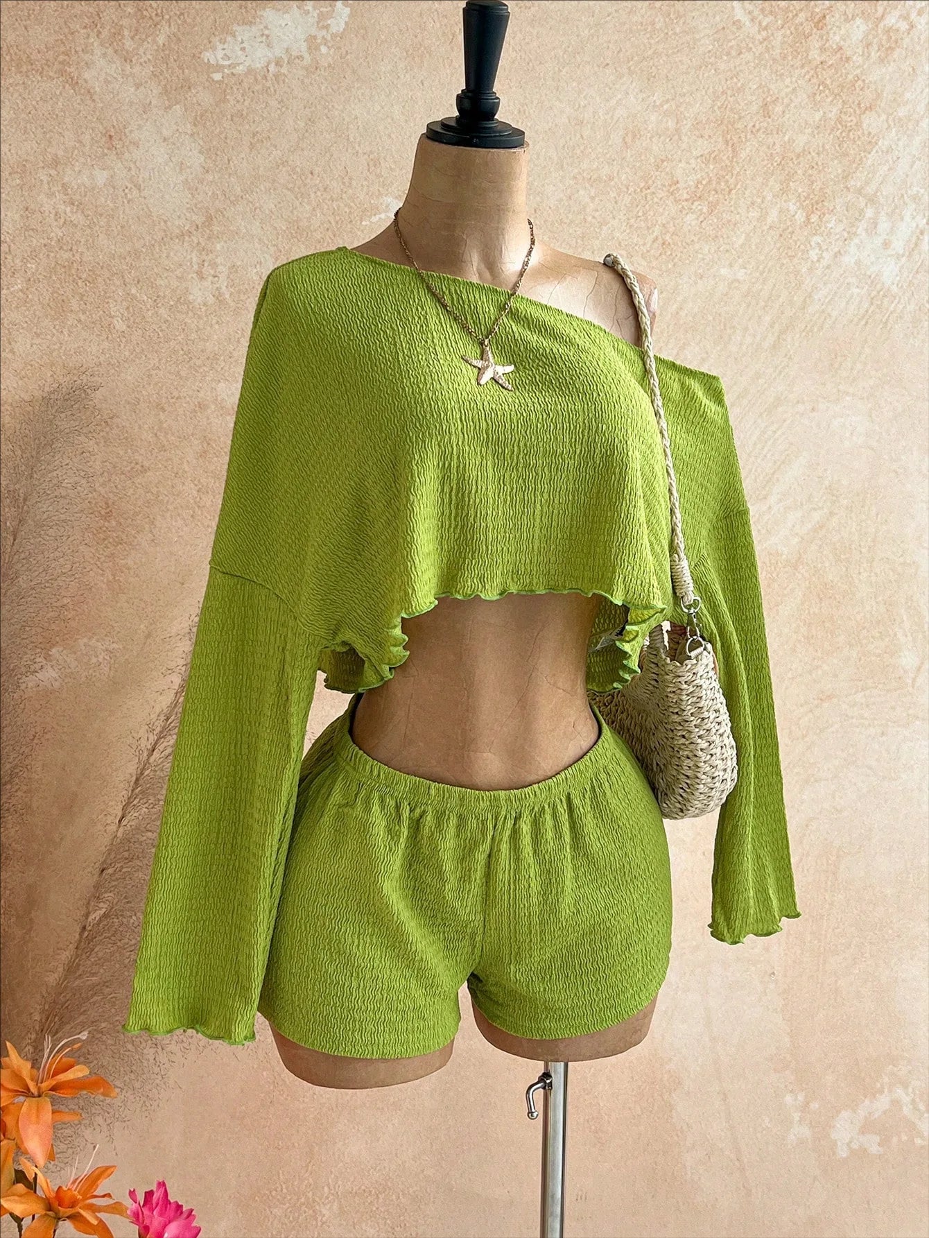 Slanted Shoulder Knit Two Piece Shorts Set for Women