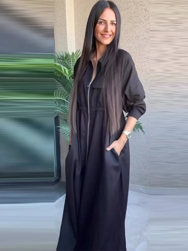 Women's Fashion Zipper Waist Long Dress Casual Solid Laple Full Sleeve A-line Long Robe Lady 2025 Autumn Chic Loose Streetwear