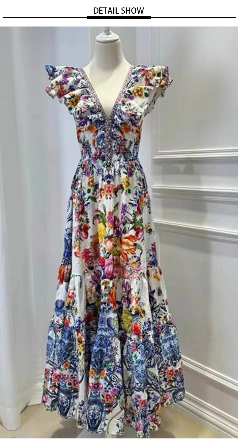 Deep V Neck Print Midi Dress