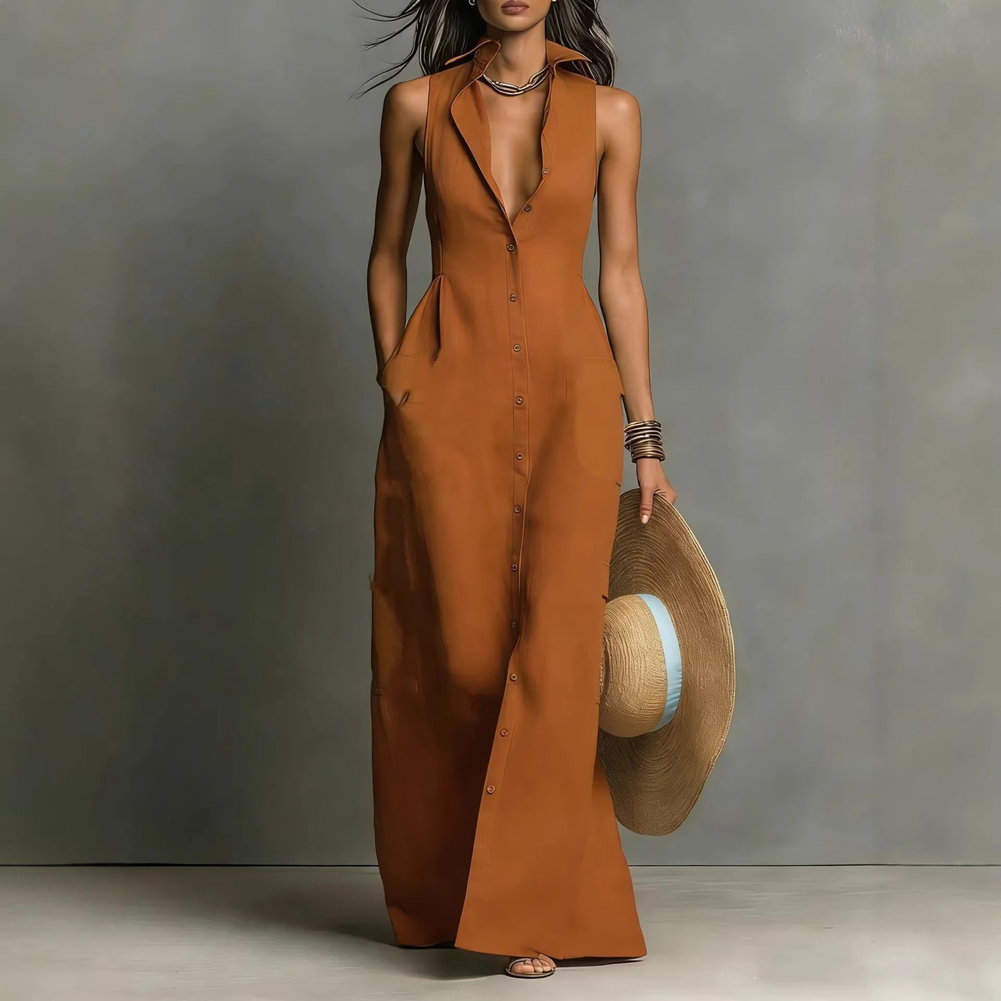 Elegant Deep V Neck Button Pocket Maxi Dress for Women
