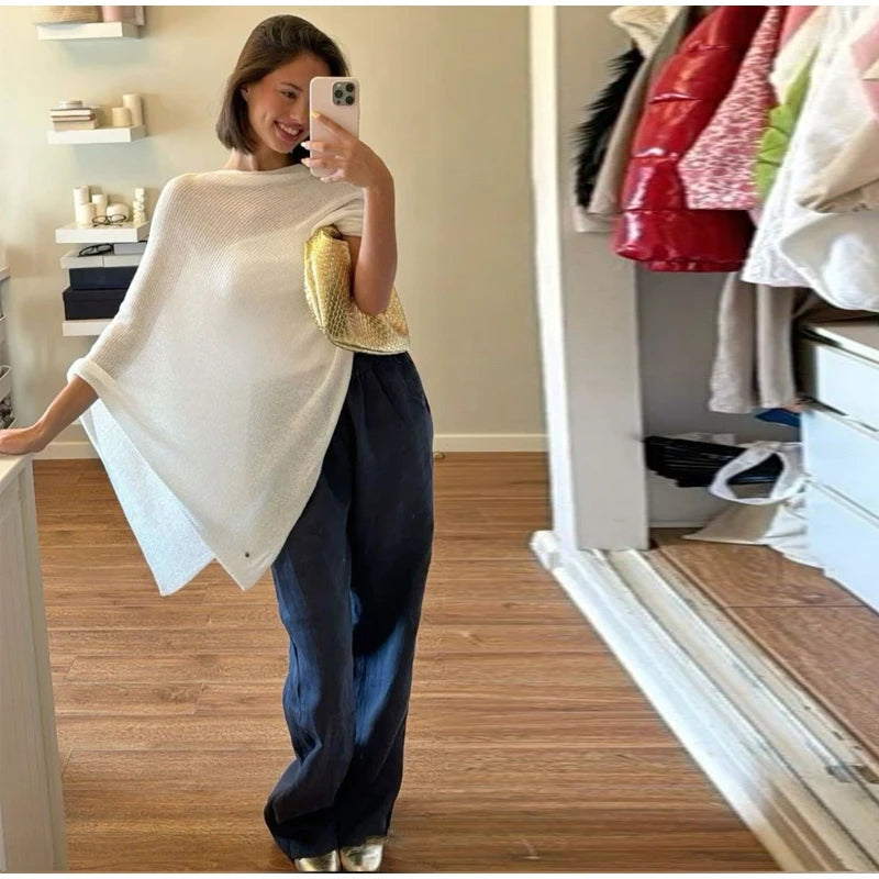 Sheer Knit O Neck Asymmetrical Loose Blouse for Women