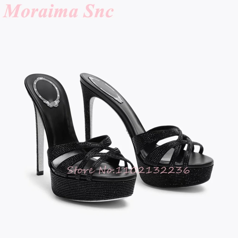 Crystal Rhinestone Platform Stiletto Crisscross Mules for Women