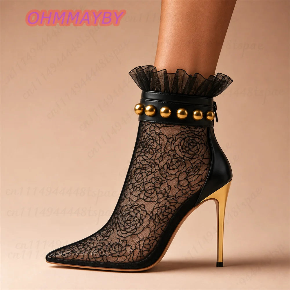 Black Lace Ruffle Ankle Boots With Stiletto Heels for Women