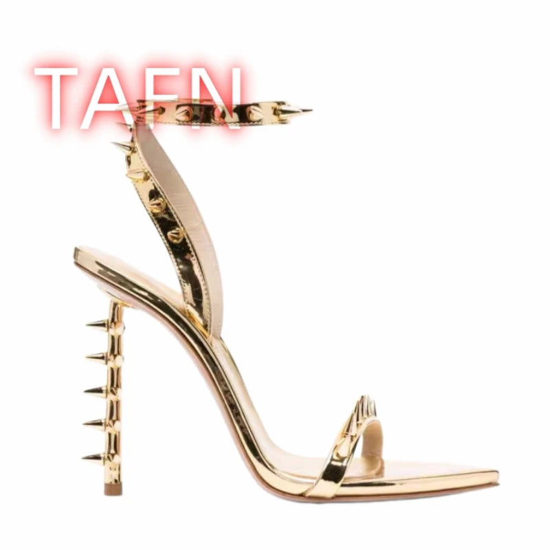 Metallic Spiked Rivets Open Toe Ankle Strap Stiletto Sandals for Women