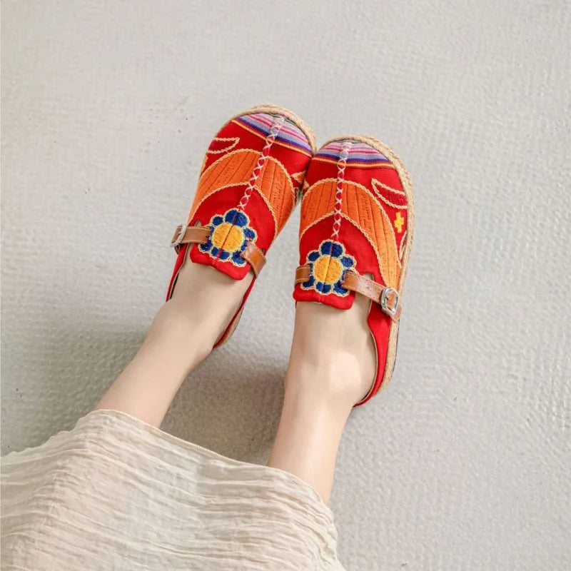 Lightweight Embroidered Cotton Linen Flat Slippers for Women