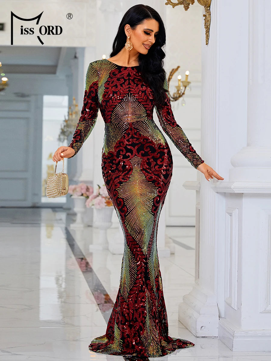 Missord Elegant Red Evening Dresses Women O Neck Long Sleeves Sequin Backless Bodycon Maxi Mermaid Party Dress Ladies Prom Gown