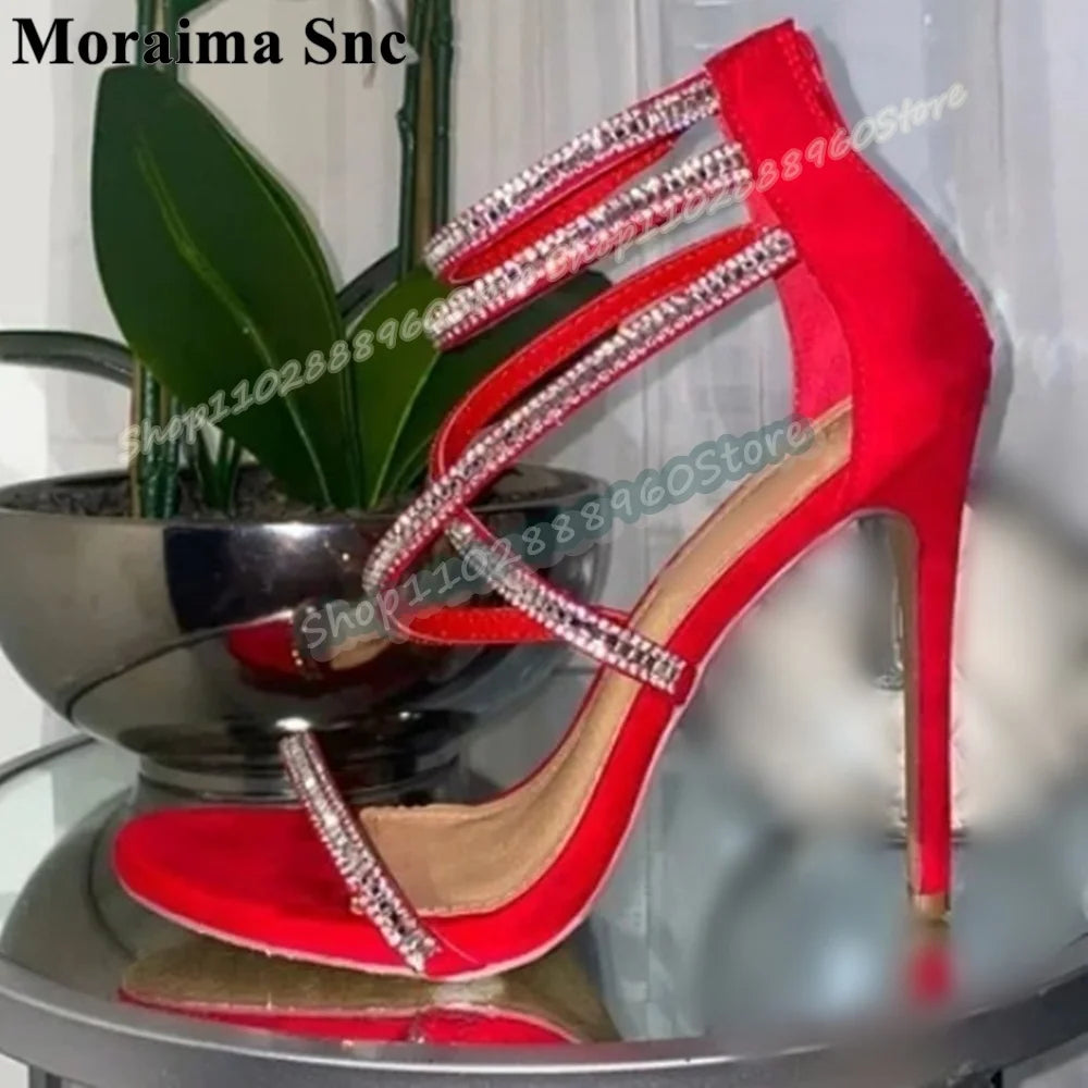 Sparkling Red Crystal Strap Open Toe Stiletto Sandals For Women