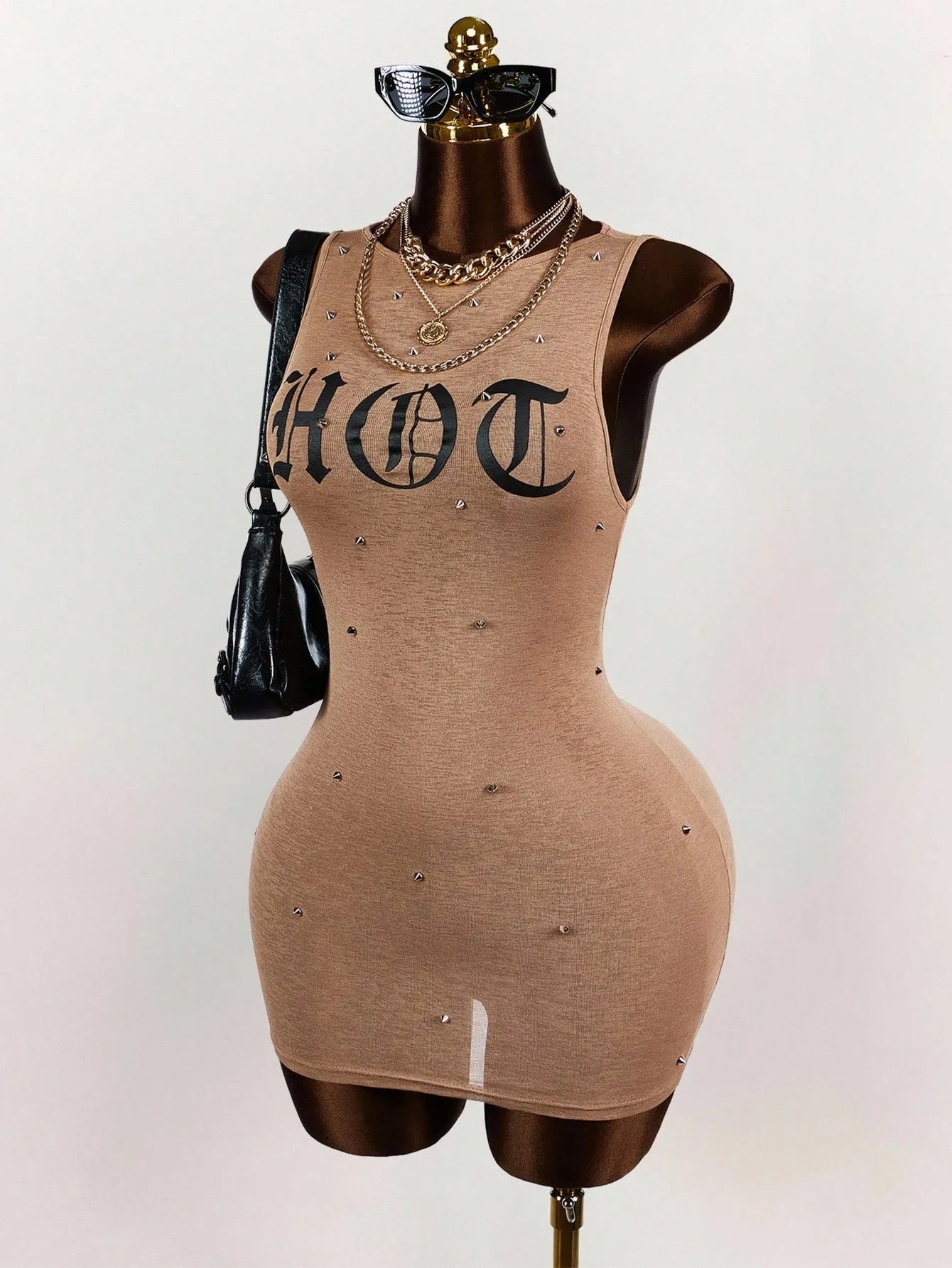 Letter Print Sleeveless Rivet Bodycon Mini Dress for Women