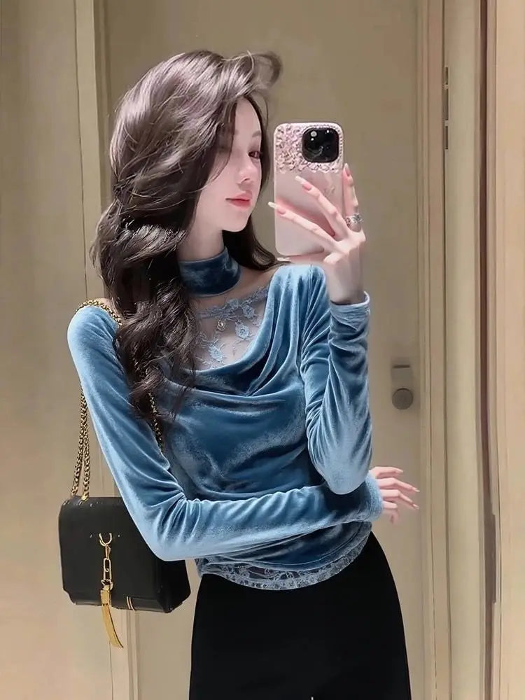 Elegant Blue Velvet Lace Trim Slim Fit Blouse For Women