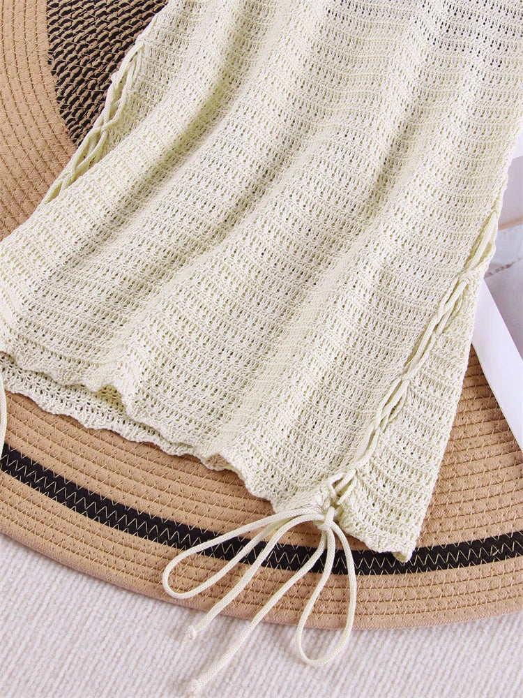 Solid Knit Halter V-neck Side Cross Straps Slim Beach Mini Dress 2025 Women Crochet Beach Swimsuit Cover Up Vacation Outfit K104