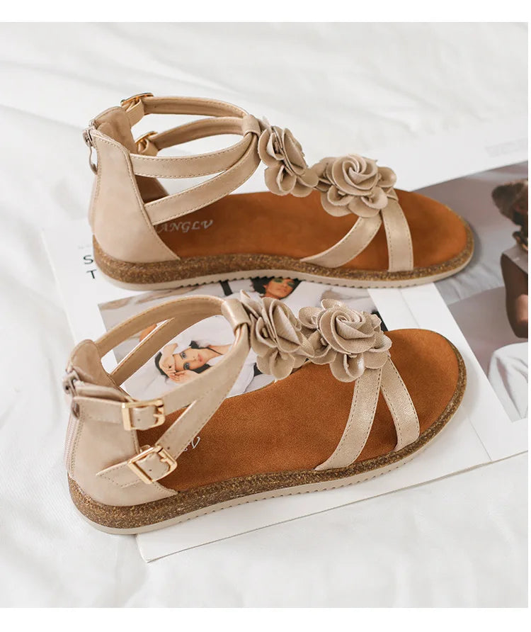 Strappy Bohemian Floral Printed Flat Sandals for Women