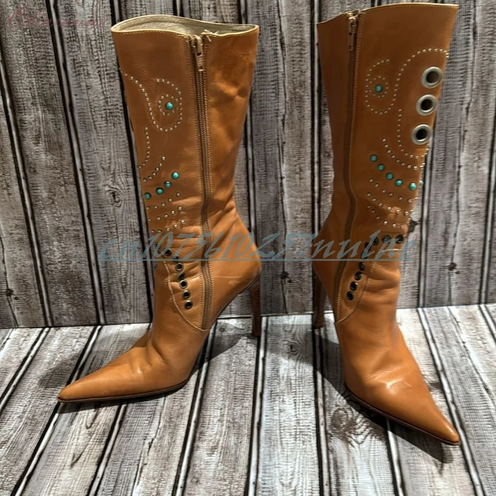 Brown Crystal Ring Detail Mid Calf Stiletto Boots For Women