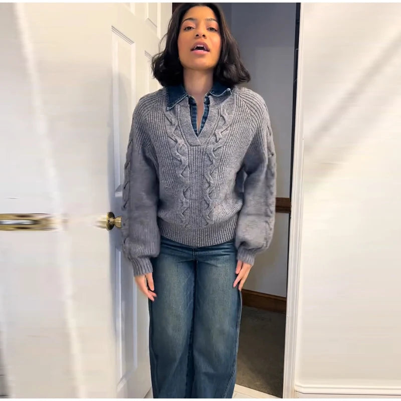 Long Sleeve Denim Collar Half Button Knit Top For Women