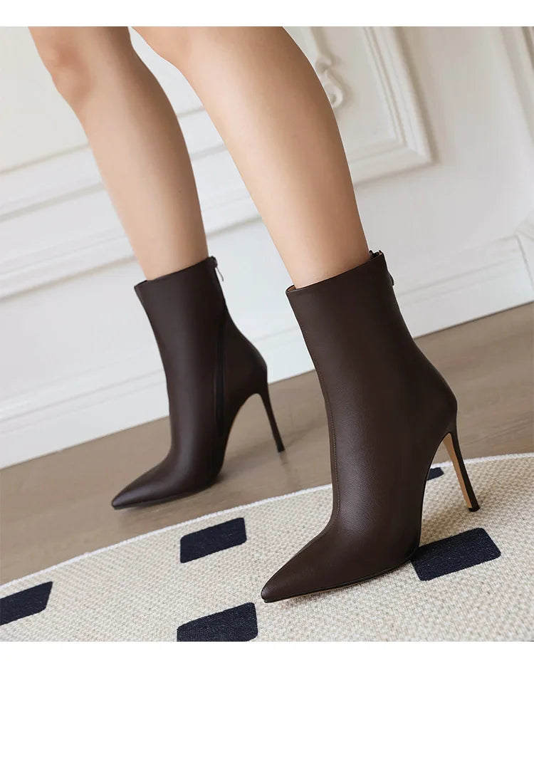 Elegant Plus Size Leather Pointed Toe High Heel Ankle Boots for Women