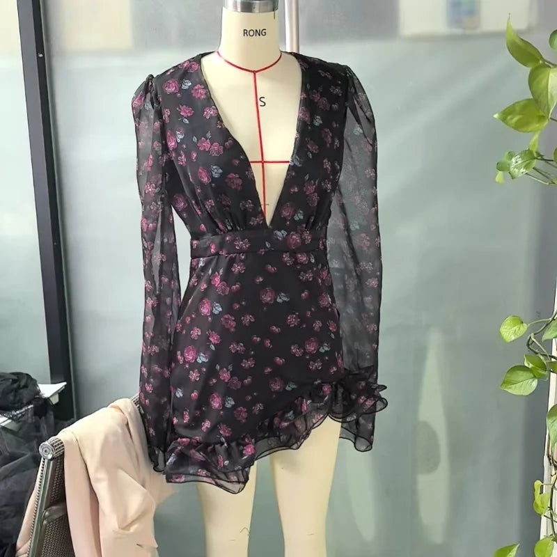 Floral Printed Ruffle Mini Dress with Deep V Neck for Women