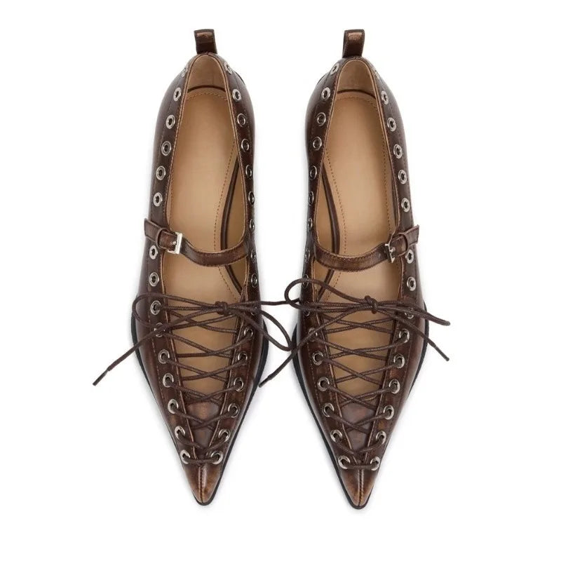 Retro Pointed Toe Lace-Up Rivet Detail Pumps for Women