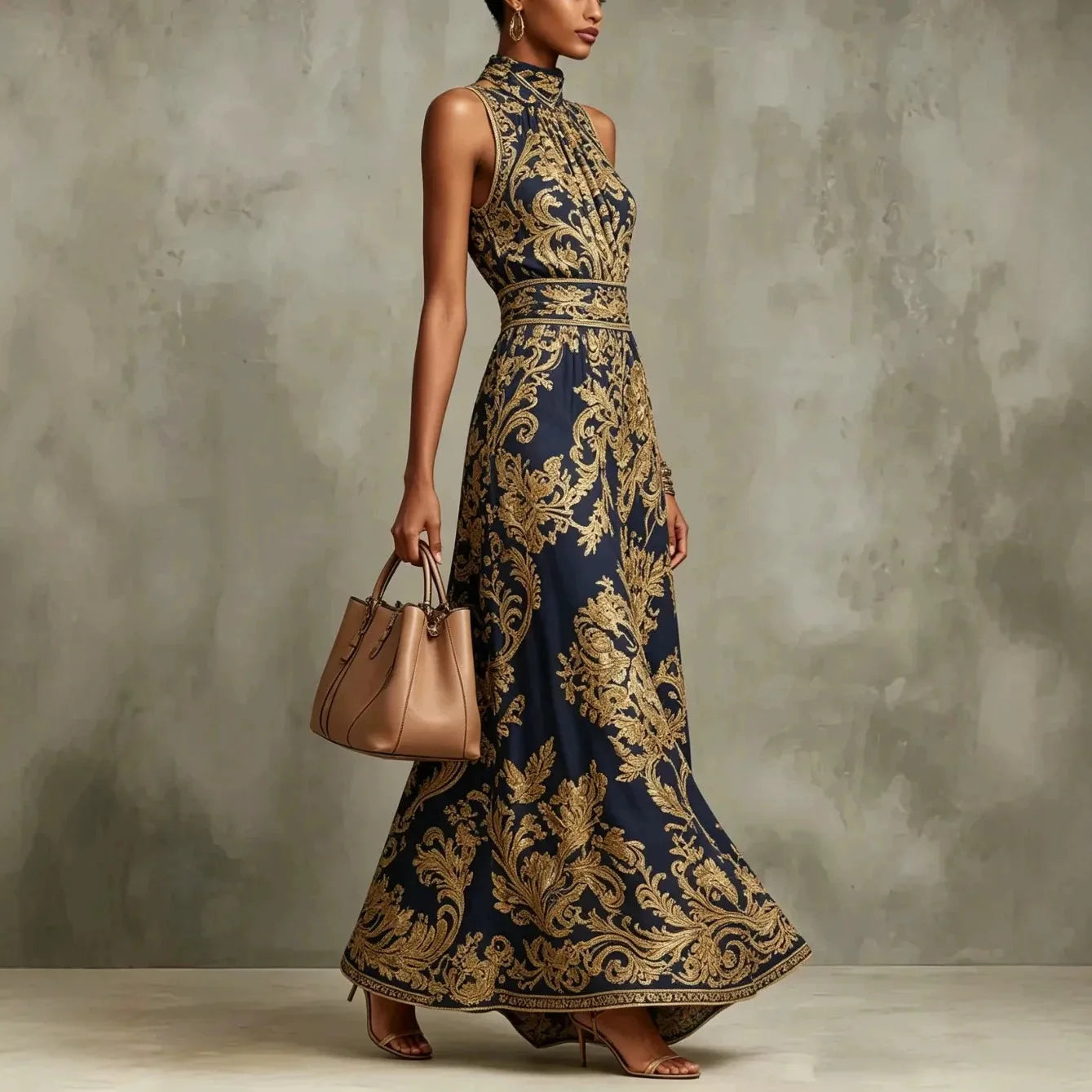 Elegant Baroque Print Halter Neck Maxi Dress for Women