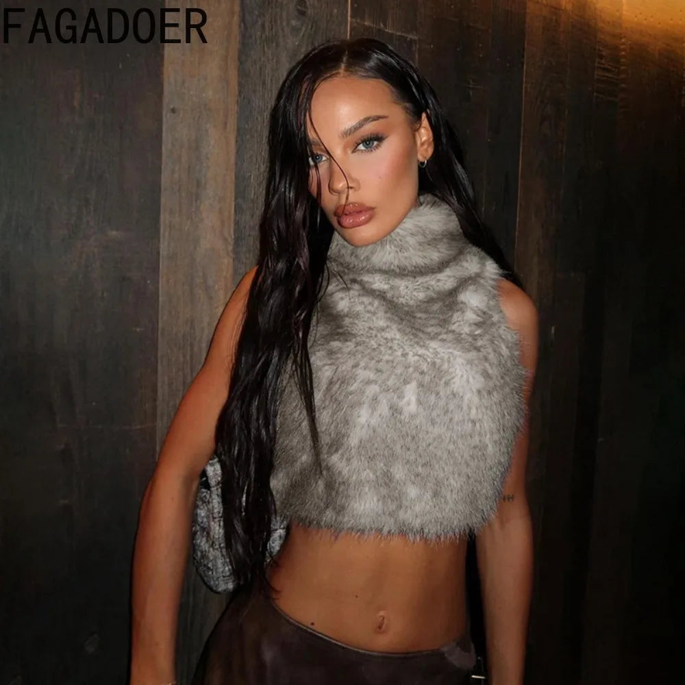 Autumn Fur Patchwork Backless Zipper Crop Top for Women