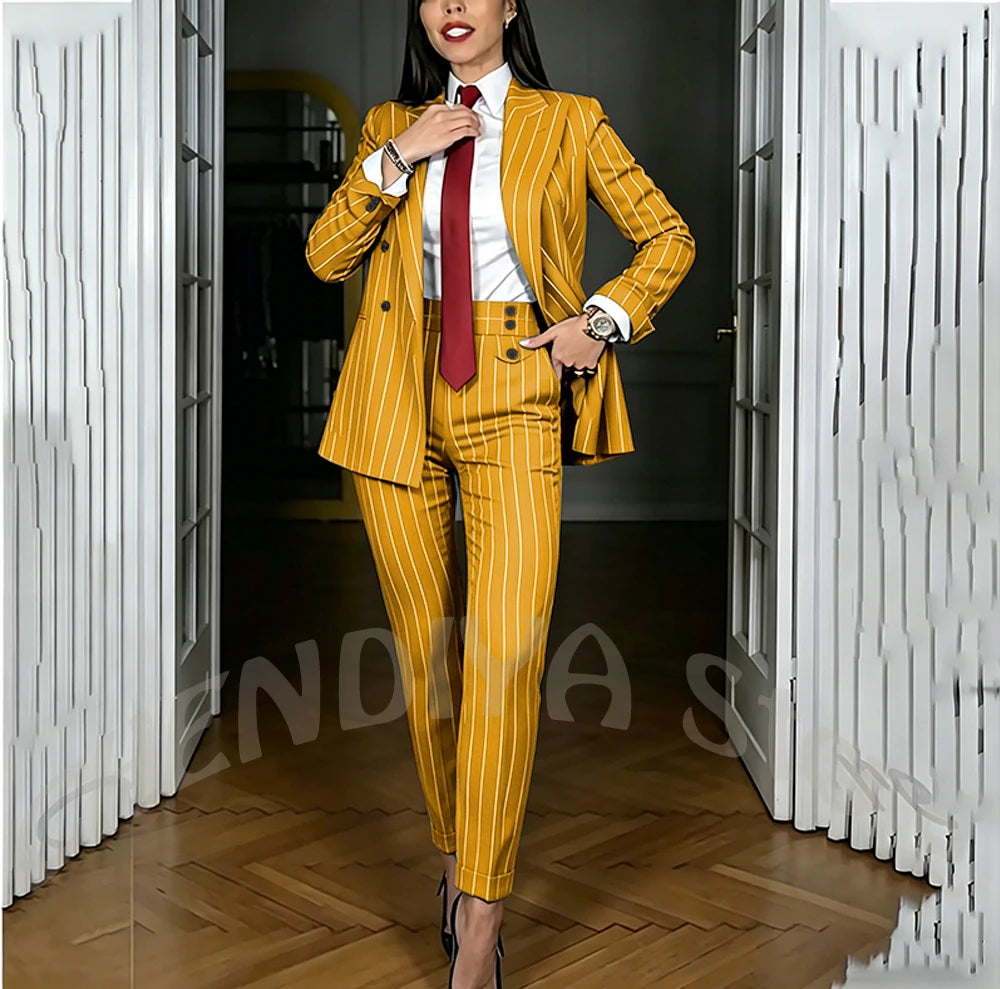 Smart Casual Women's Suit Two Pieces Classic Striped Slim Fit Jacket Pants Peaked Lapel Double Breasted Office Lady Formal Set