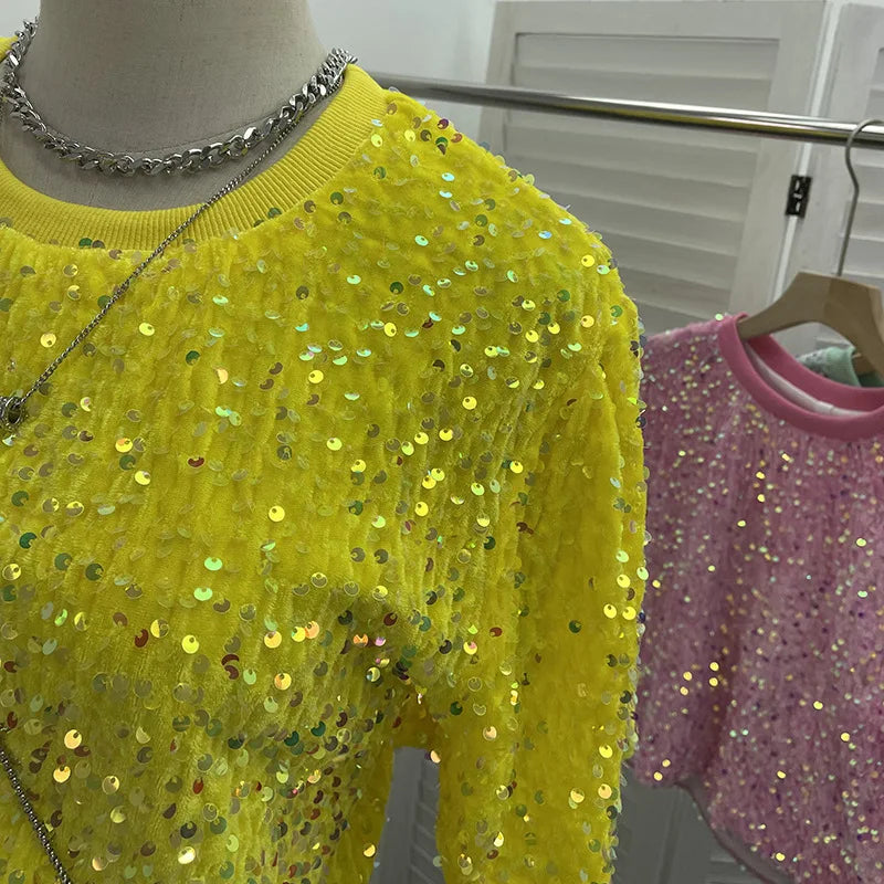 Spicy Girl Pink Sequins Short Sleeve T-shirt Round Neck Slimming Crop Top Blingbling Sexy Nightclub Multi Color Casual Tees