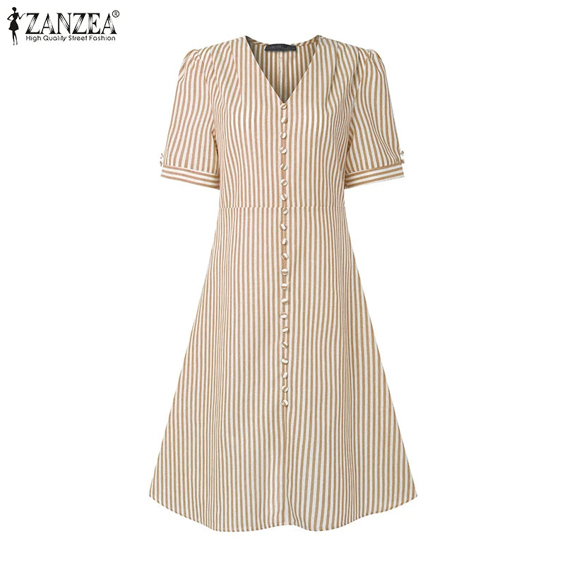 ZANZEA Women Elegant Striped Midi Dresses 2025 Summer Fashion V-Neck Short Puff Sleeve Fitted Waist A-Line Robes Femme Korean