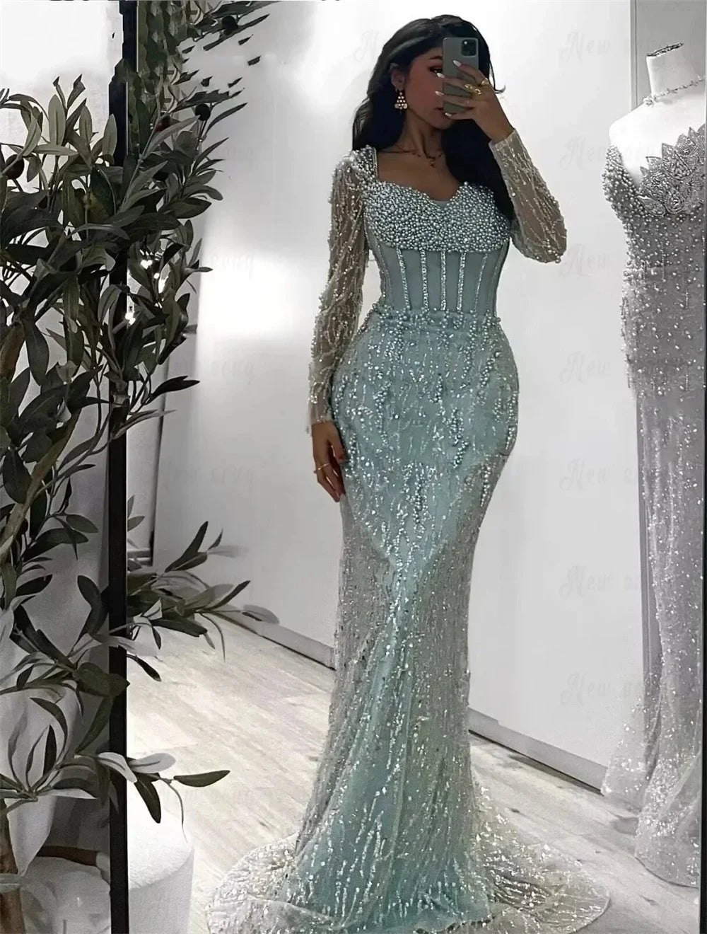 Contessa Dubai Custom Tulle long sleeves Prom Dress With Pearl Collar Vestido de gala Elegant Mermaid Formal evening event dress