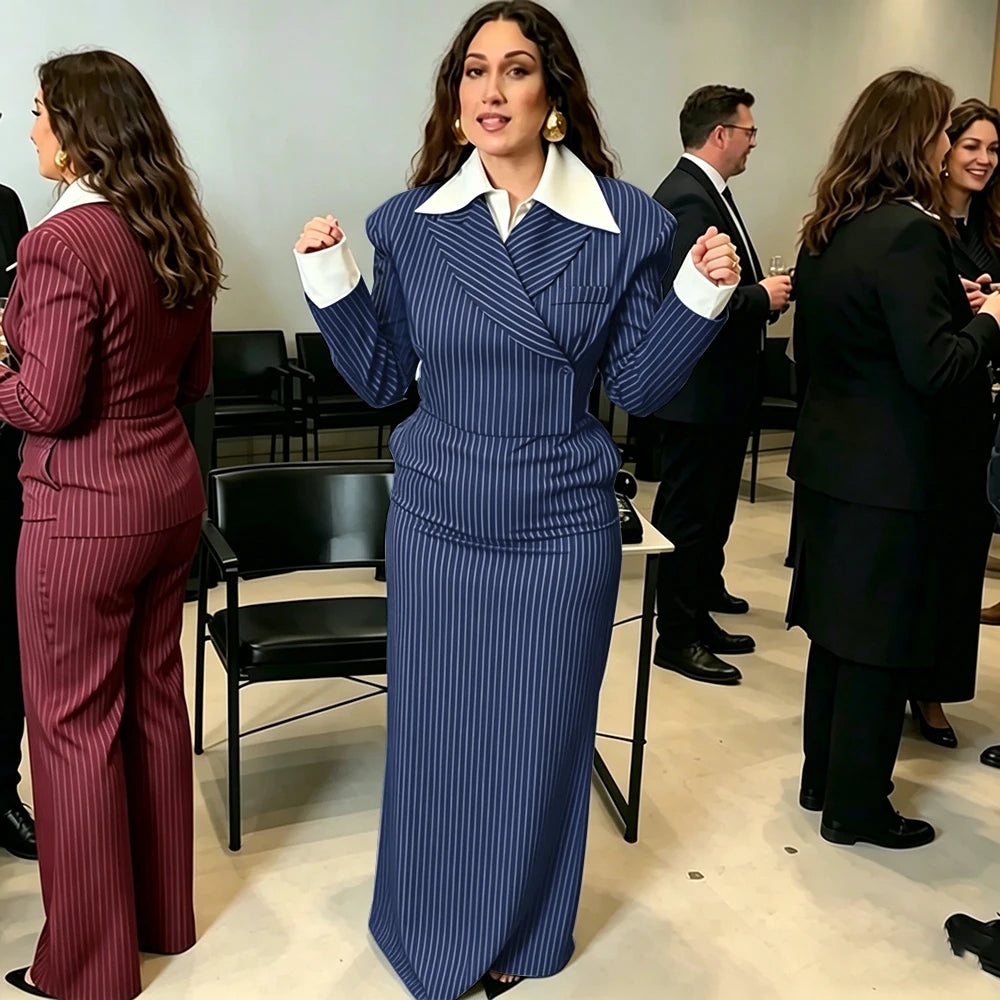 Navy Pinstripe Single Breasted Blazer Skirt Set for Women