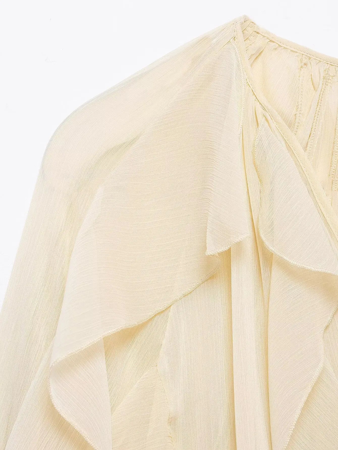TRAFZA 2025 Women Elegant Solid Ruffles Blouse Spring Female V-Neck Long Sleeved Gauze Shirt Casual Hollow Out Lady Clothes