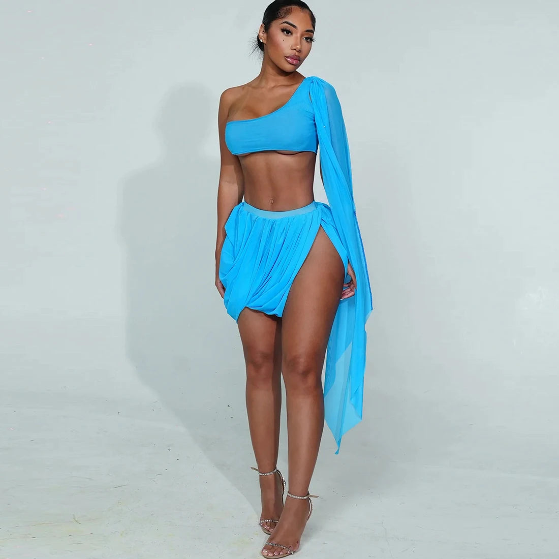Sheer Long Sleeve Crop Top and Ruched Split Skirt Set for Women