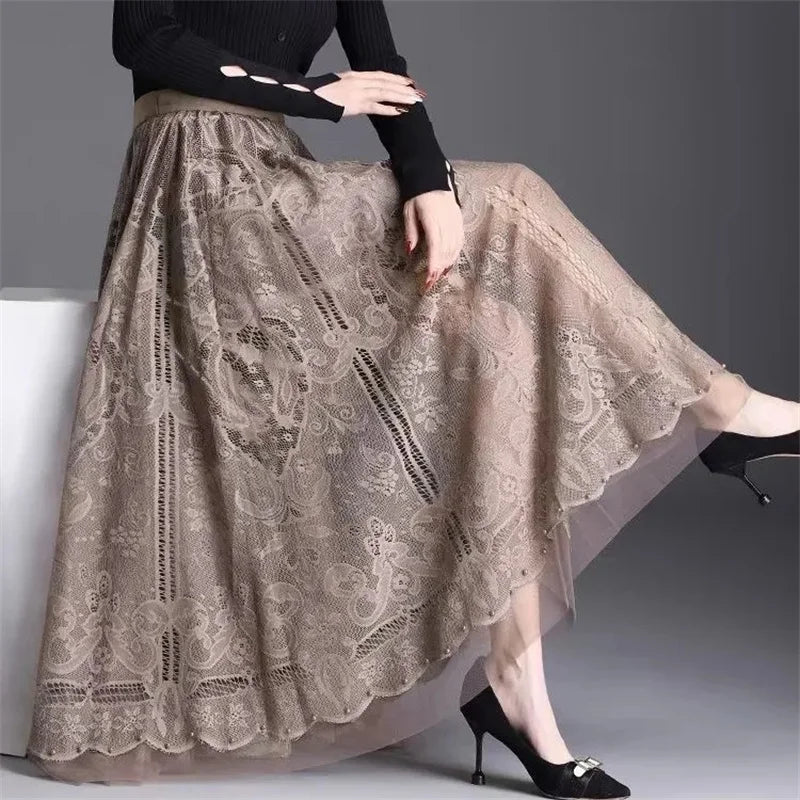 High Waist Lace Skirt With Hollow Out Studded Details For Women