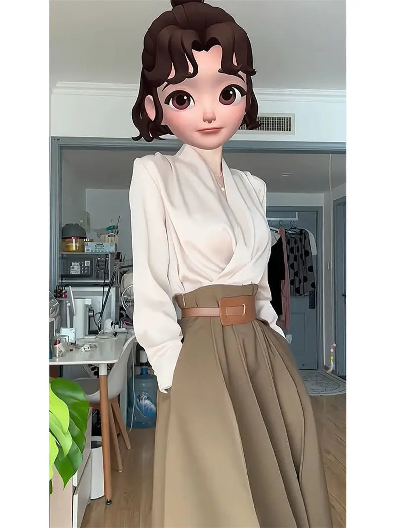 Women's skirt suit women's spring new casual temperament Joker shirt women's high waist A-shaped skirt two-piece suit