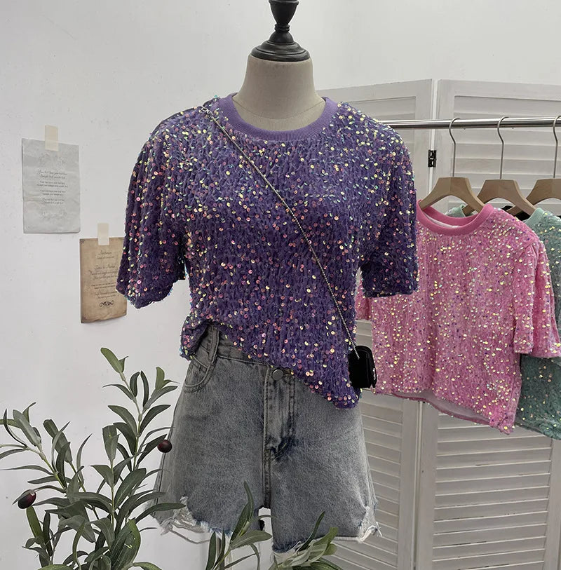 Spicy Girl Pink Sequins Short Sleeve T-shirt Round Neck Slimming Crop Top Blingbling Sexy Nightclub Multi Color Casual Tees