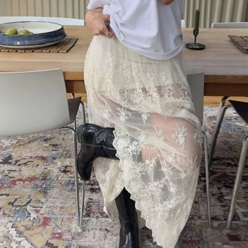Boho Sheer Jacquard Lace Long Maxi Skirt for Women