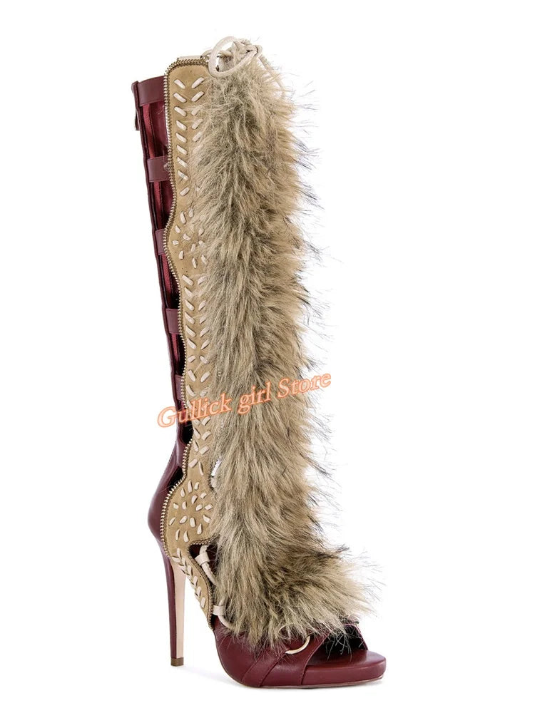 Faux Fur Open Toe Knee High Sandal Boots for Women