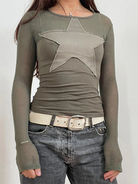 Women'S Basic T-Shirt Star Shaped Sticker Top Slim Fit Round Neck Long Sleeved T-Shirt Autumn Retro Casual Street Wear top
